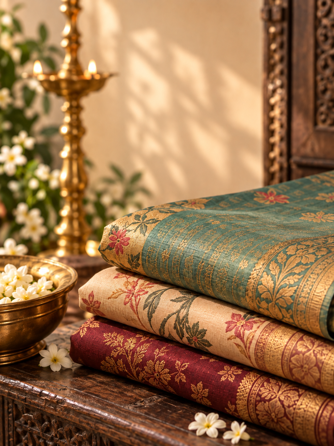 Stack of folded handloom sarees with brass lamp and jasmine