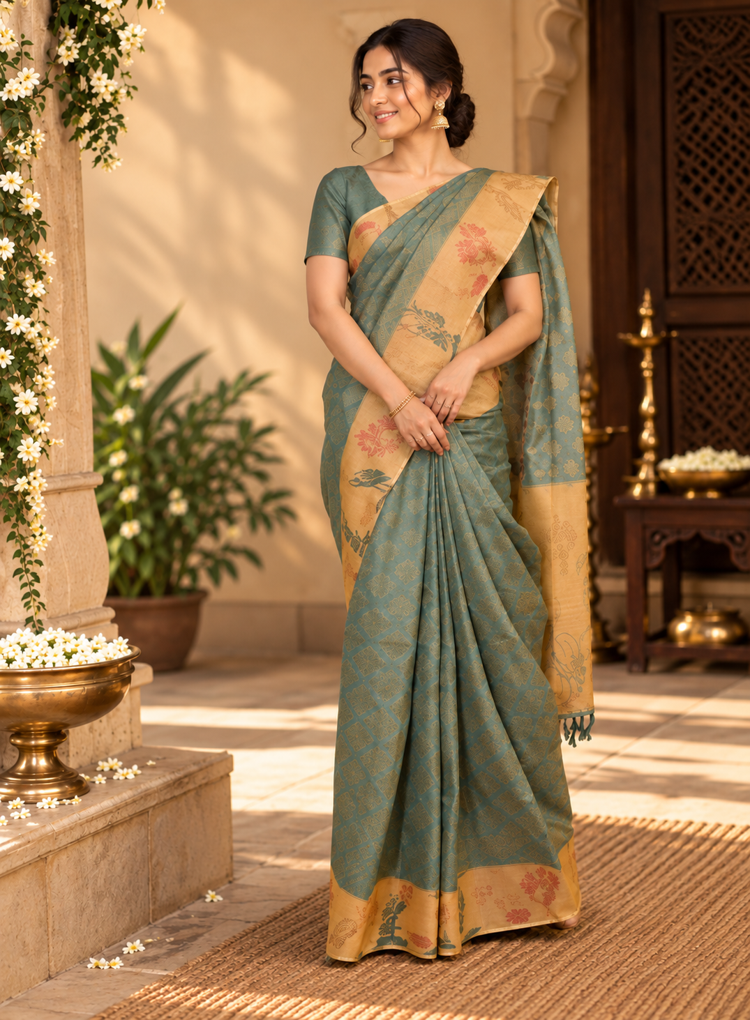 Model in a teal-grey handloom saree in a traditional courtyard